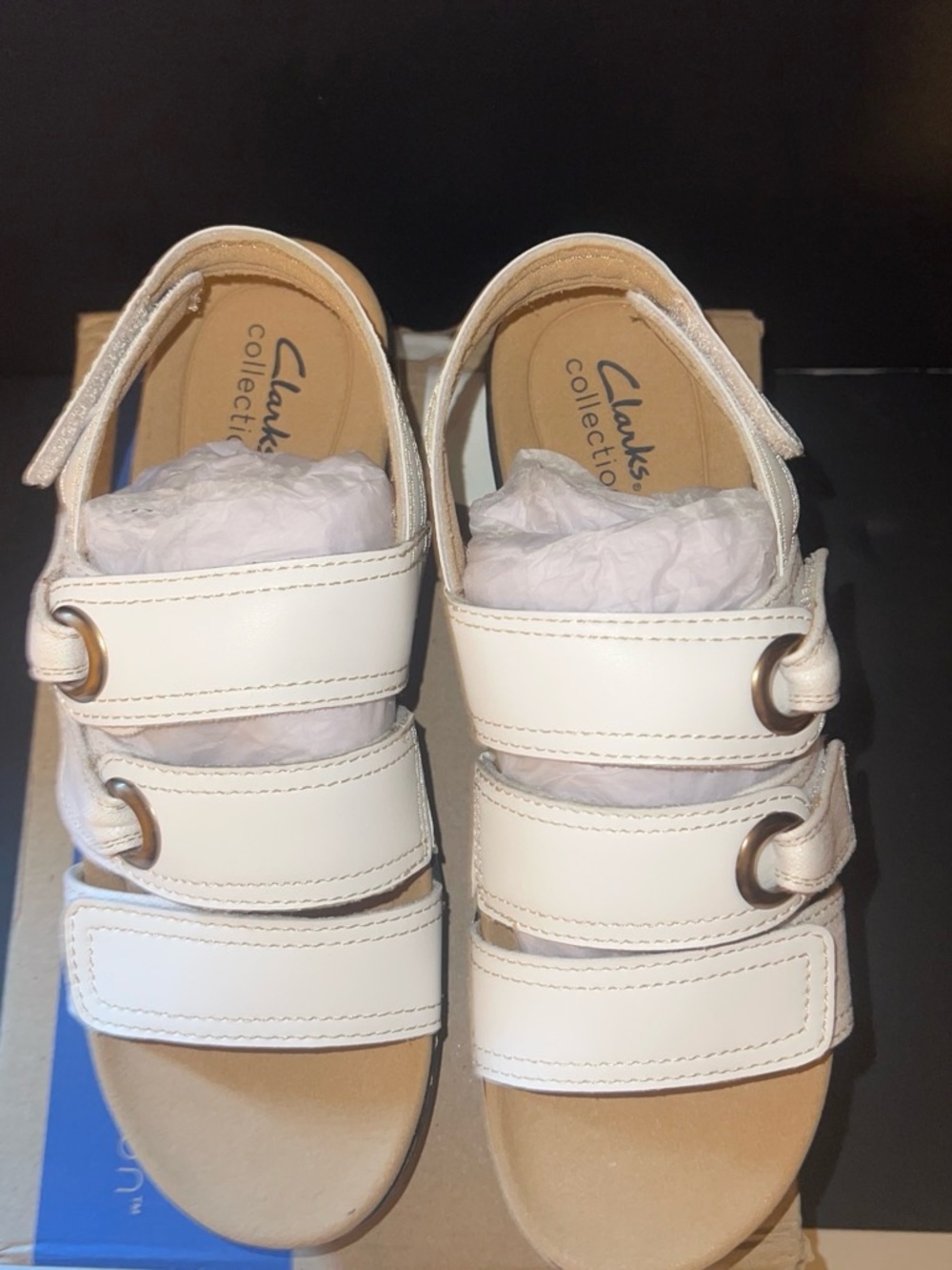 Clarks White Triple-Strap Velcro Sandals with Tan Footbed - Picture 2 of 4